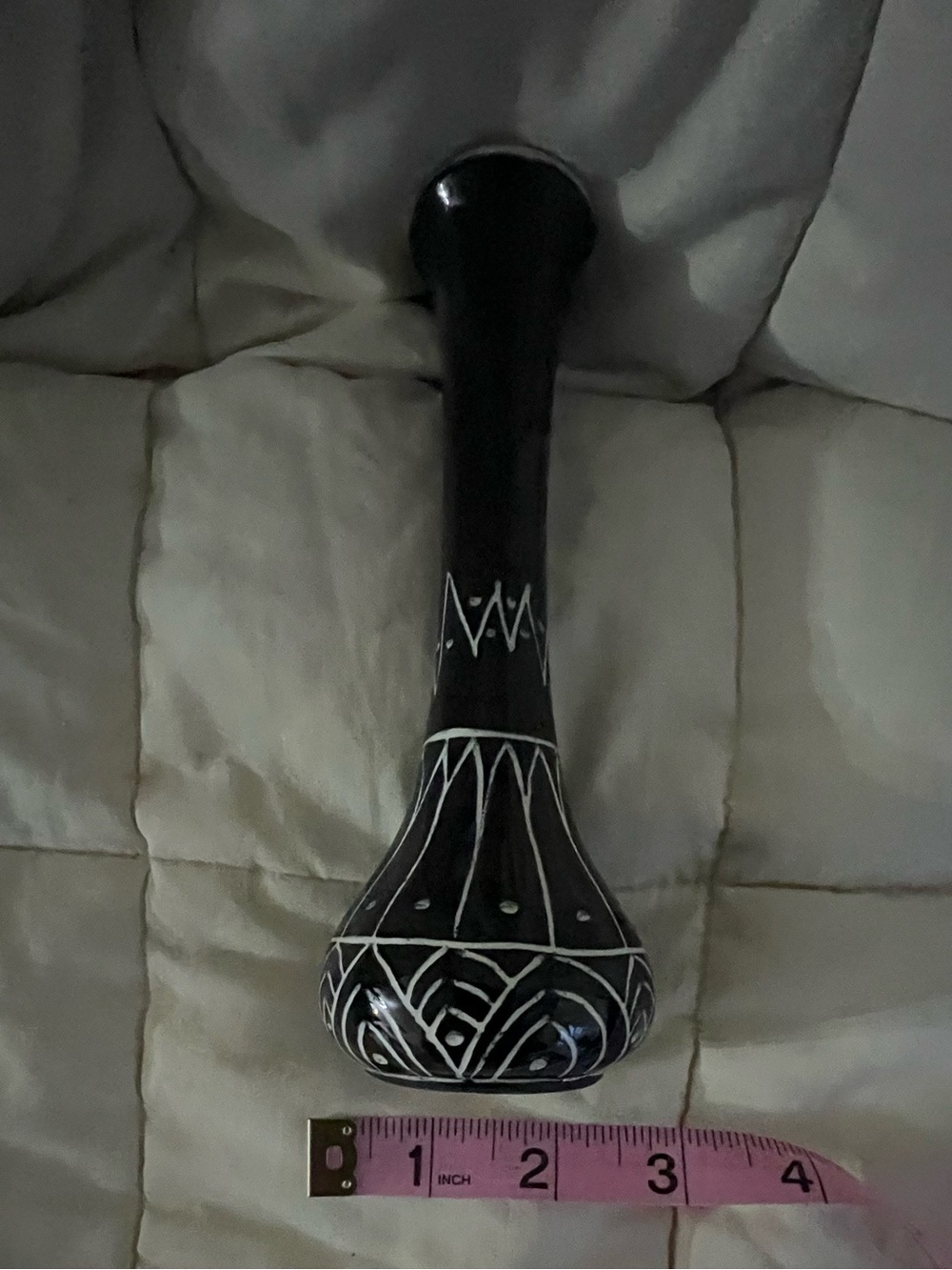 Black Decorative Ceramic Bud Vase with White Geometric Accents